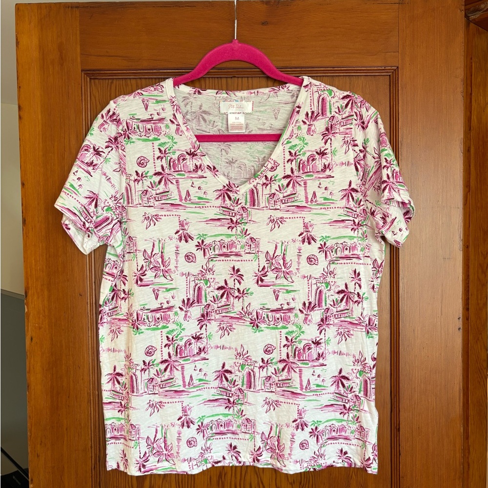Tropical V-Neck Top with Magenta and Green Design